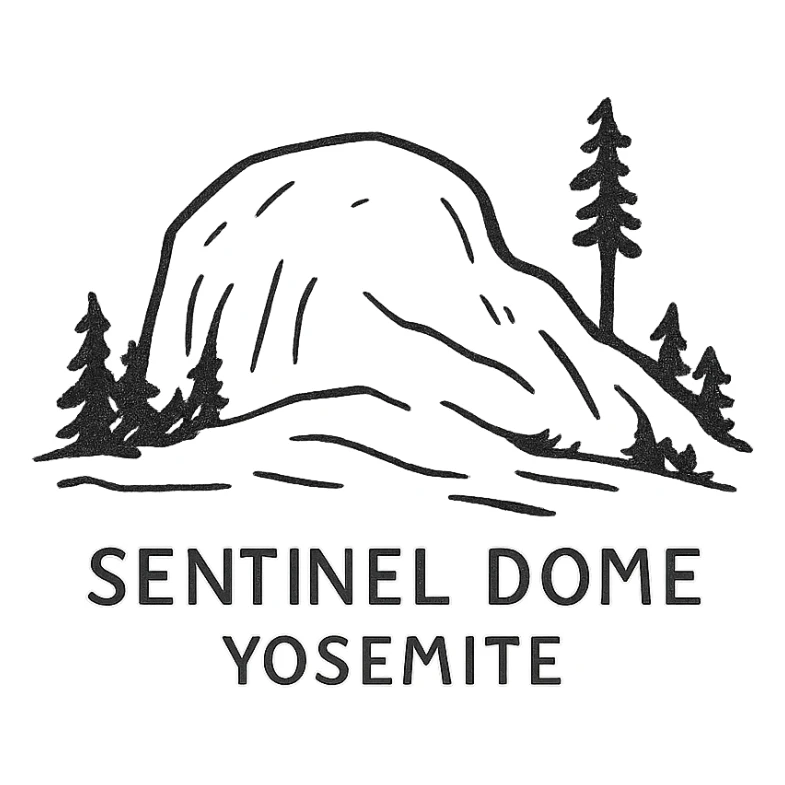 Sentinel Dome Yosemite, hand drawn illustration, black outlines, no fill, simple and iconic sticker