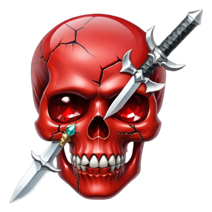 make me a red crystal skull partly see thew super gem like make it realistic and held together by a black bow and a small dagger to the eye with cracks coming from it have the bow be loosely tied around the skull holding it together make the blade super realistic  sticker
