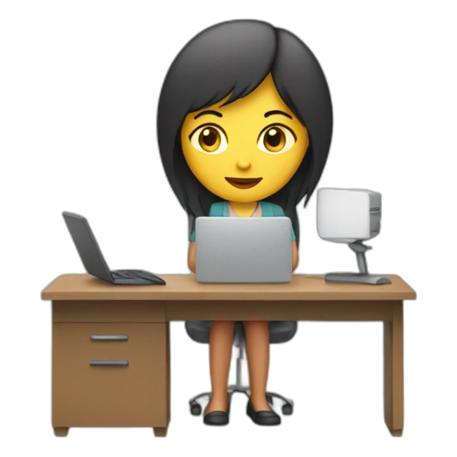 A female working in front of a computer sticker