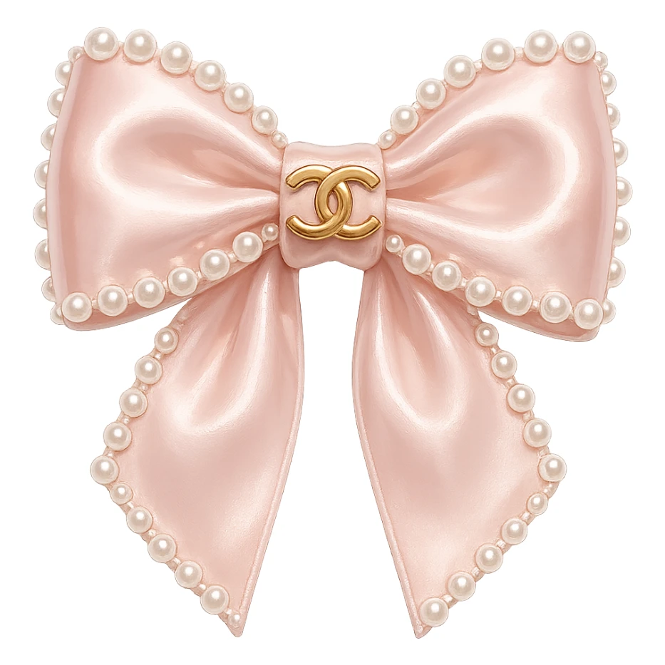 Remove the background, keep only the elegant bow with pearls and gold Chanel logo, glossy, pastel colors, realistic style, with no background. blackpink sticker