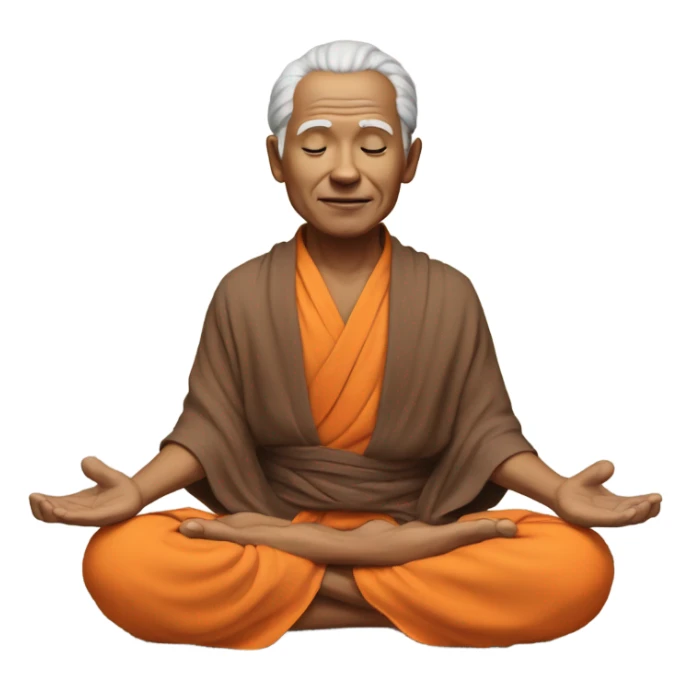 an old yogi with a peaceful and meditative expression. The character should be wearing an orange robe, symbolizing traditional yogic attire. The yogi can be sitting in a lotus position sticker
