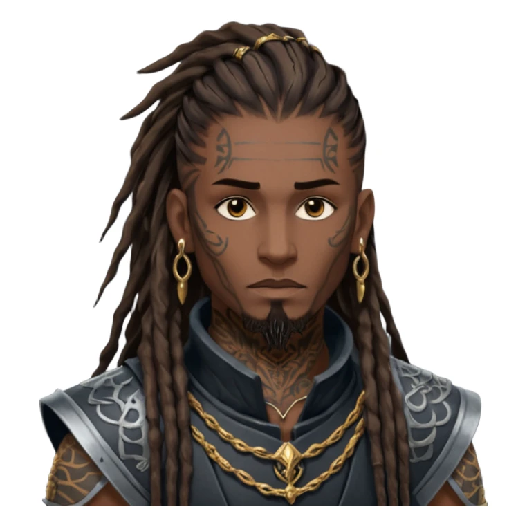 A dark-skinned figure with hollow cheekbones, a sharp jawline, and intense dark brown eyes. His hair is a mess of 7-inch-long dreadlocks, with a fresh hairline and low taper. His body is covered in intricate tattoos, and he wears an armor vest. Gold earrings adorn his ears, and his  sticker