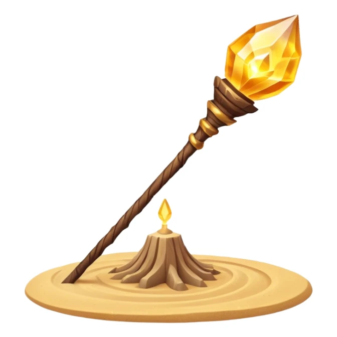 desert sand mage staff object icon, ancient wooden staff, swirling sand crystal on top, glowing golden aura, small floating sand particles, fantasy desert style, 3D cartoon, mobile game icon style, centered, clean background, soft shadow, no text, no watermark
 sticker