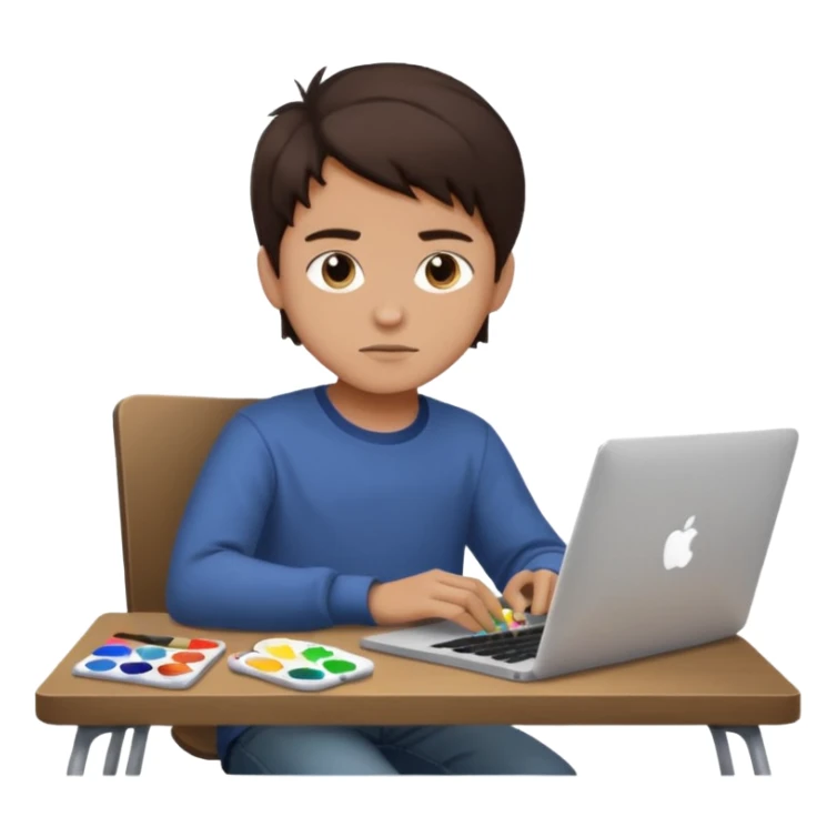 boy working in Macbook, he is graphic designer and paint artist, he seats facing me, and hair dark brown color sticker