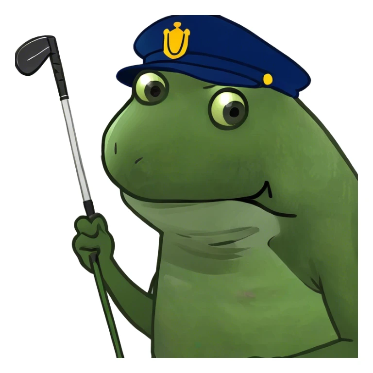 Bufo playing golf with a golf club and golfing hat sticker