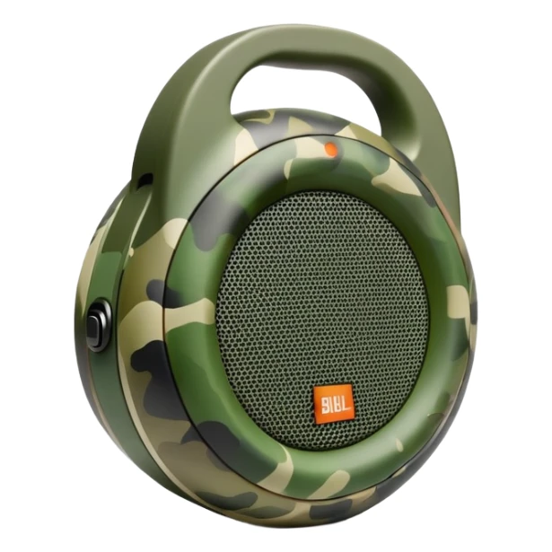Ultra minimal JBL Clip 4 speaker with just a few green camouflage spots, iOS emoji style sticker