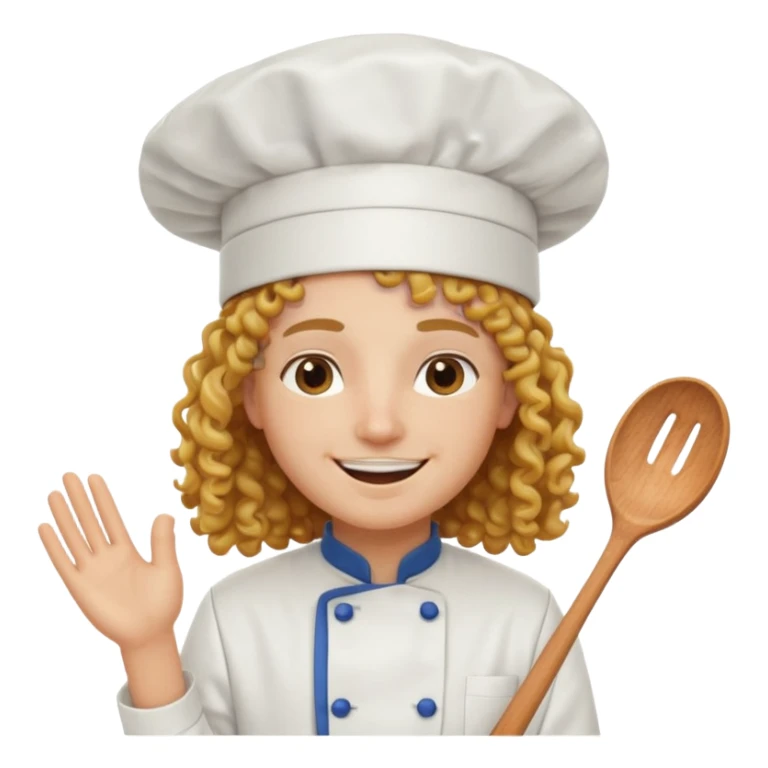 Long curly hair, happy, wearing chef uniform and chef hat sticker