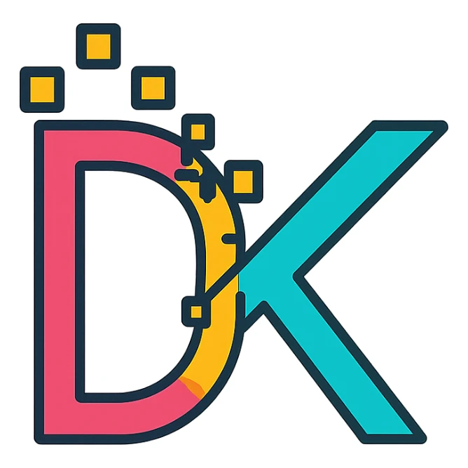 monogram style icon logo for DATAKLYSM creatively integrating letters D and K with digital pixel inspired effects sticker