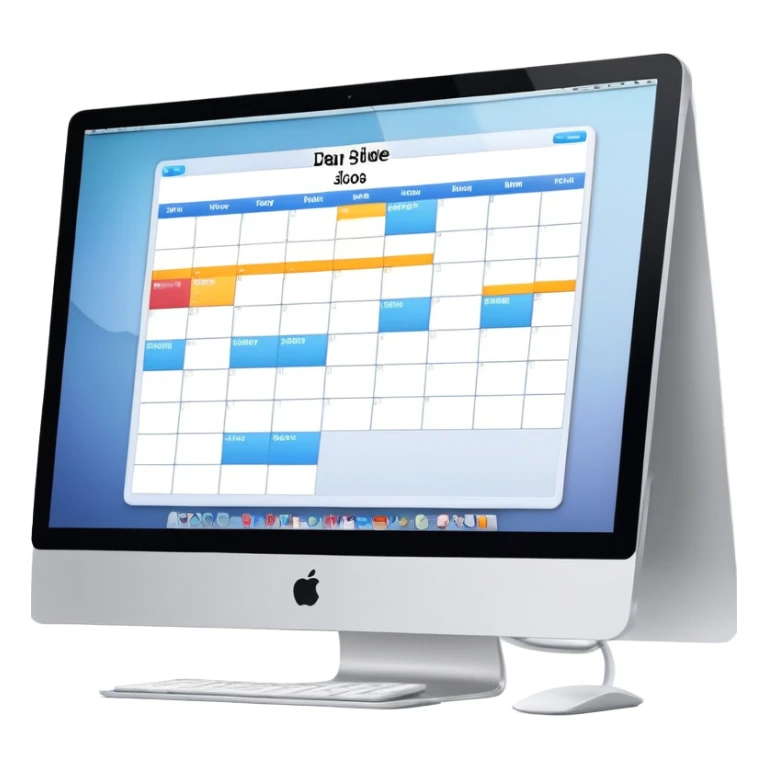 front-facing iMac showing a day schedule with vertical hours (9am, 10am, 11am) and horizontal client slots, some slots clearly booked sticker