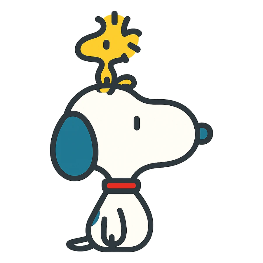 Snoopy, outlined and colorful, with a yellow bird on his head sticker