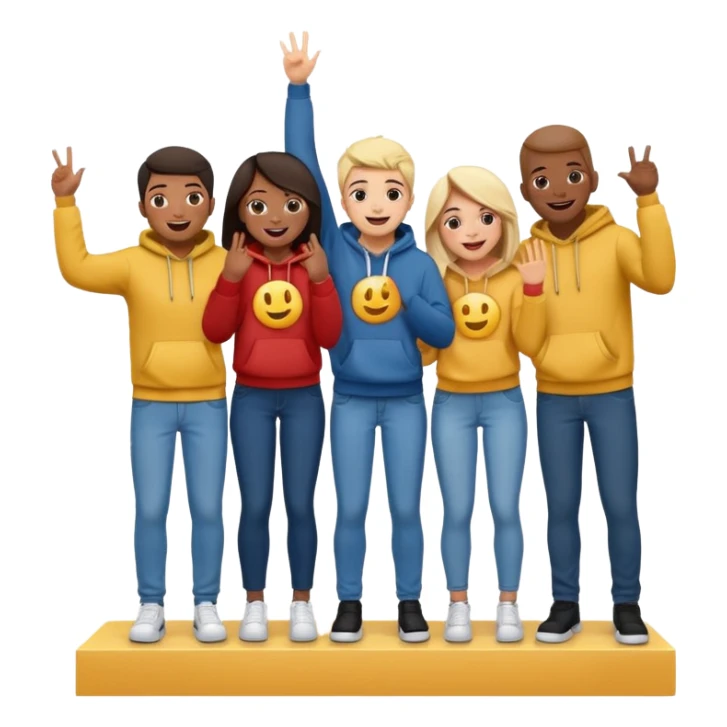 winners’ podium with five multi-racial people, no numbers, fun casual clothes like jeans and hoodies, excited, fun, expressive emoji style sticker