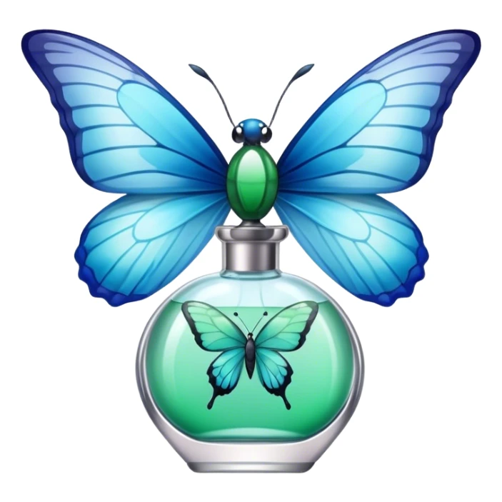 A glass perfume bottle with a soft blue ribbon tied around its neck, with a green and blue butterfly nearby. sticker