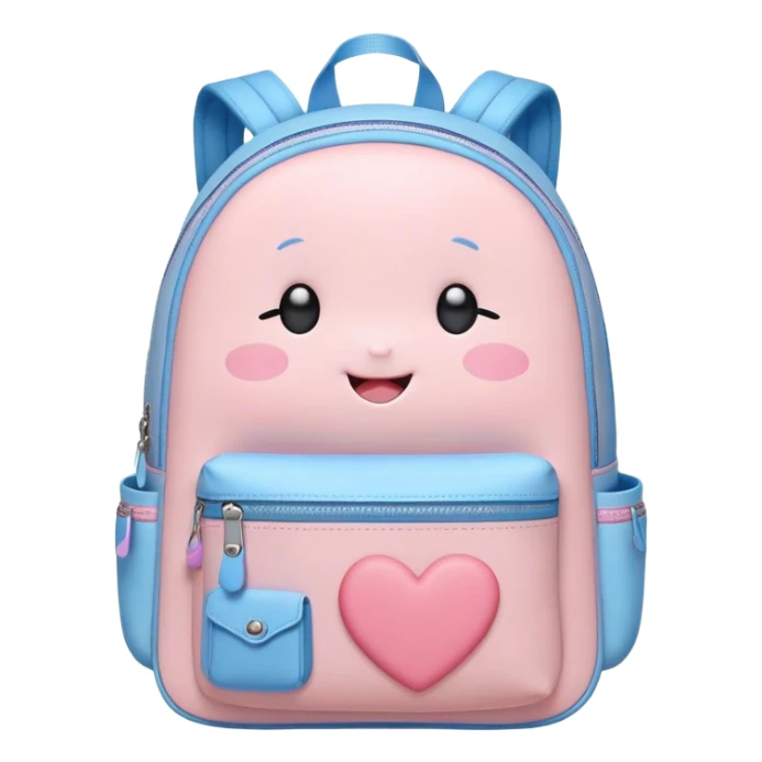 Cute Kawaii Backpack, round and chubby, soft pastel pink and blue, tiny heart-shaped zippers, blushing cheeks, a tiny smiling face, a happy school-time companion! sticker