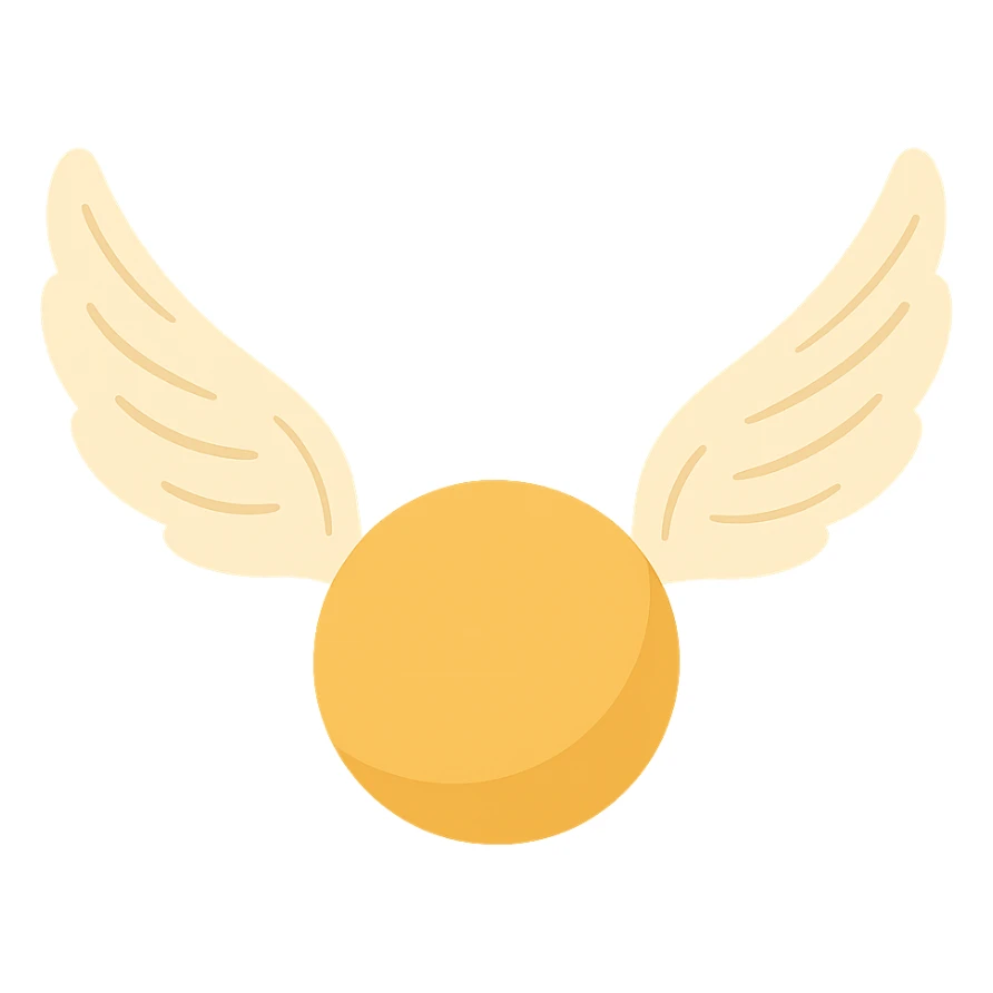 Golden Snitch, cute and simple, no outlines, color filled style. Front view, wings open and slightly forward, wings with expressive shadows and simple line texture, no background. sticker