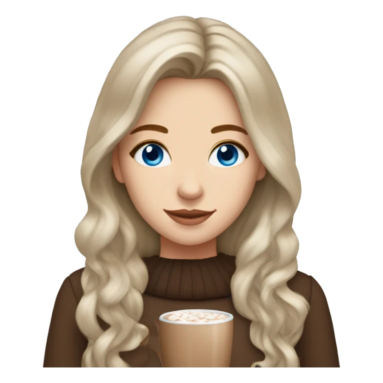 white girl with brown long hair, blue eyes and a hot chocolate sticker