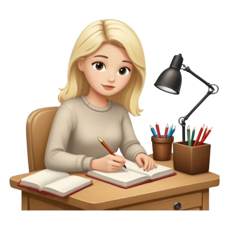 pretty blonde model journaling at a cozy writing desk  sticker