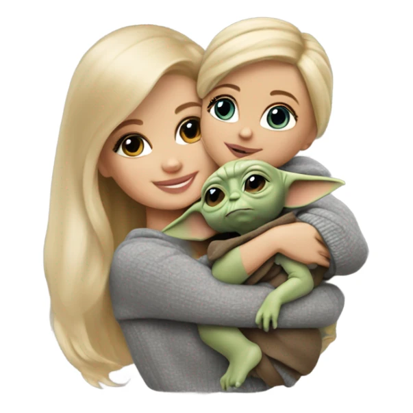Blonde Barbie wearing gray sweater, holding Grogu (baby yoda) sticker