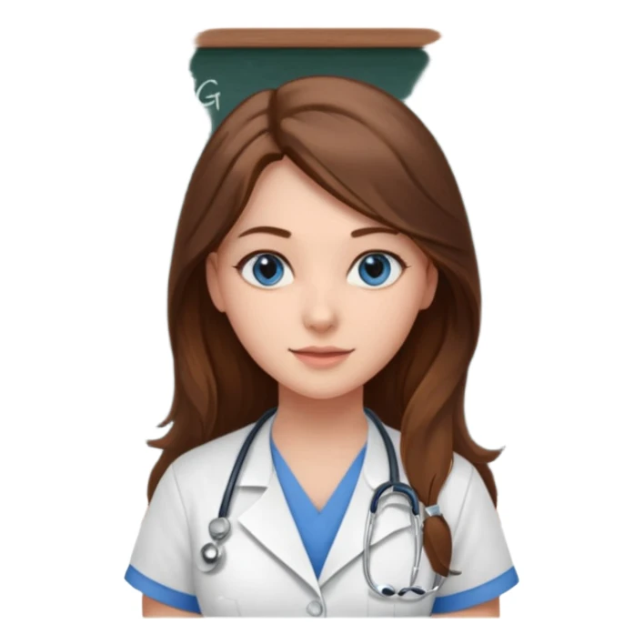 university classroom that says nursing school on the blackboard with a pretty female nursing student with long brown hair, blue eyes sticker