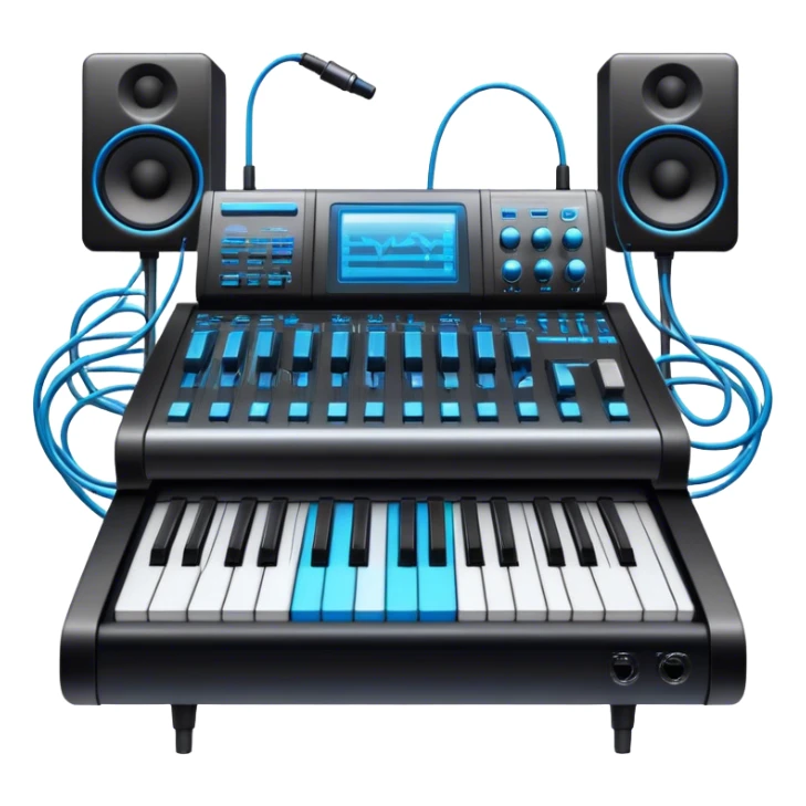 Create a professional and detailed emoji that represents sound design. The design should feature a high-end studio synthesizer (like the Korg), a sound mixing console with visible wires, large studio speakers, and a microphone to symbolize the essential equipment in sound design. Add musical note waves flowing around the equipment to emphasize the connection between sound creation and musical composition. Use sleek, modern colors like black, silver, and neon blue to represent the professional and futuristic nature of sound design. The background should be transparent. sticker