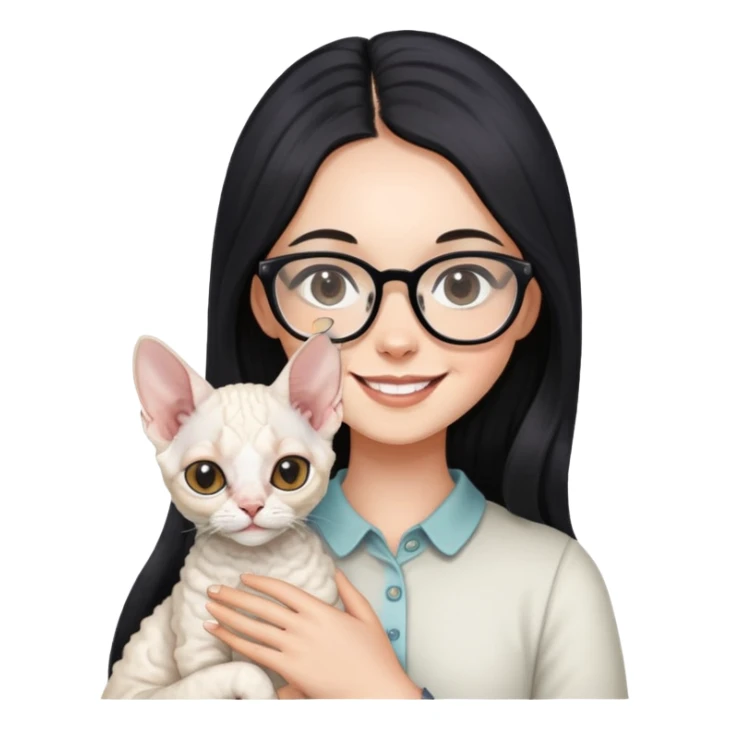 A girl with long black hair and glasses is smiling and holding a white Devon Rex sticker