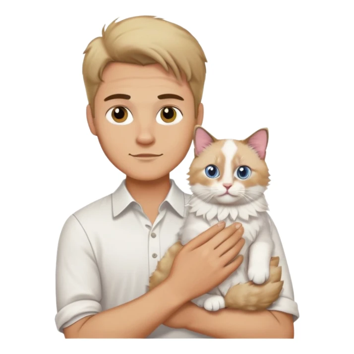 A Caucasian man in a white shirt holding a ragdoll cat sticker