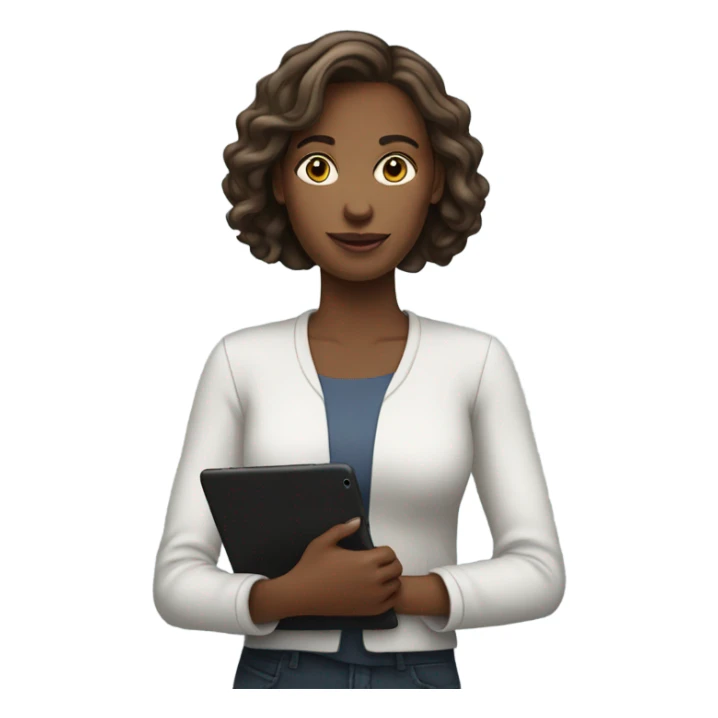 white woman standing with ipad sticker