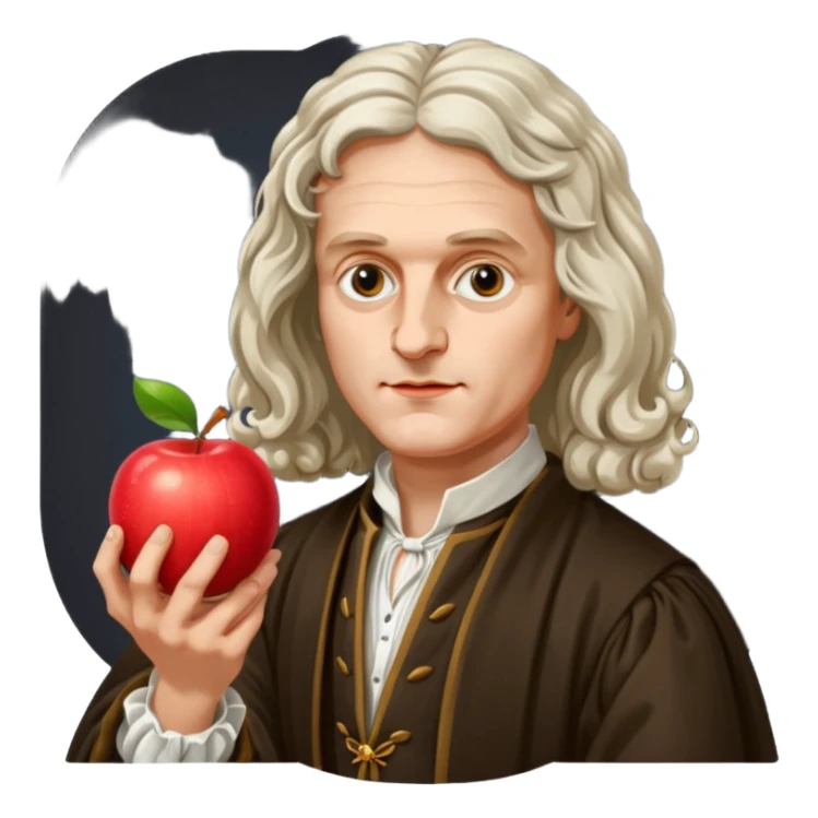 Isaac Newton wearing 17th-century aristocratic attire, hold an apple sticker