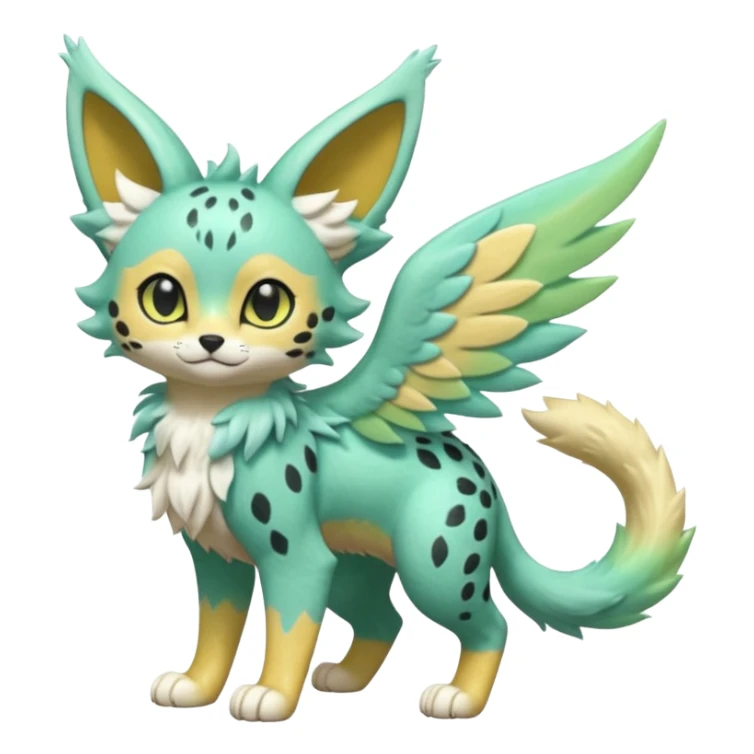 Epic complex detailed pastel minty green, pastel beige yellow pastel realistic aesthetic-scenic-Fakémon-Zorua-Litten-Trico-Sergal-Serval-Vernid-creature (full body) with far wings, shiny sparkly fairycore theme  sticker