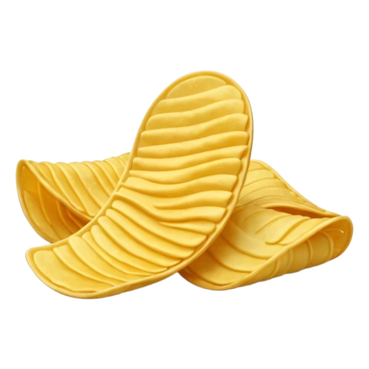 2 to 3 potato chips, golden, curved, slightly overlapping, crispy edges, light texture, warm yellow-gold, surface bubbles, 3D, minimal, soft shadows, no packaging, no bowl, no branding, no anthropomorphic features, transparent background, emoji scale sticker