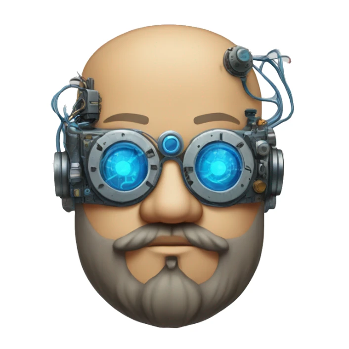 Bearded Fat bald cyborg head with tan skin, blue steampunk goggles and circuits sticker