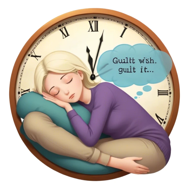 A person sits with their hands gently resting on their lap, eyes closed, exhaling slowly. Above them, a swirling thought bubble holds the words guilt and discomfort, but they don’t push it away—they just sit with it. In the background, a clock ticks softly, symbolizing the pause before responding.  sticker