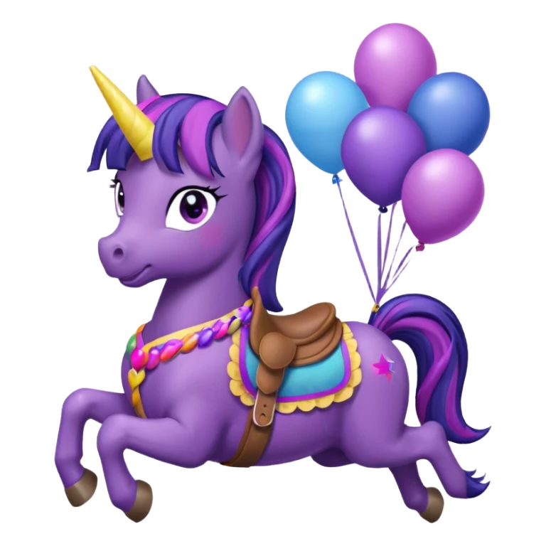twillight sparkle mlp holding colorful balloons tied to its saddle, looking cheerful. sticker