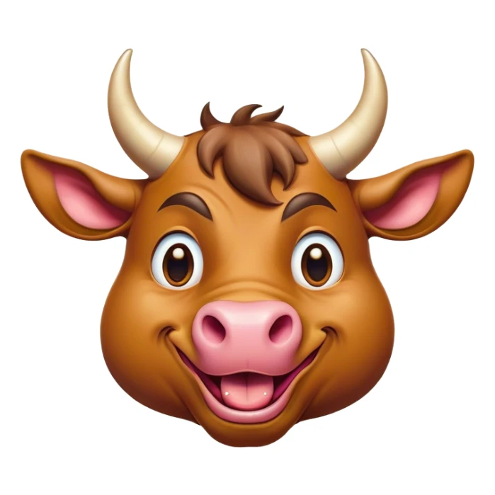 Cinematic Comical Domestic Bull Portrait Emoji, Head tilted dramatically with an exaggeratedly amused expression, featuring a striking, glossy coat with boldly defined horns and wide, expressive eyes brimming with playful disbelief, Simplified yet hilariously expressive features, highly detailed, glowing with a slightly sassy, earthy glow, high shine, dramatic yet playful, stylized with an air of cheeky rural mischief, soft glowing outline, capturing the essence of a spirited and over-the-top domestic bull that looks ready to charge its way into internet fame instantly! sticker