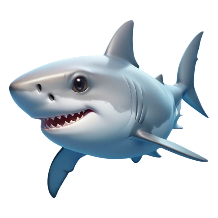 Cinematic Cute Shark Portrait Emoji, Head tilted playfully and inquisitively, featuring a glossy, streamlined body with a subtle shimmering hue and round, sparkling eyes filled with curious charm, Simplified yet irresistibly adorable features, highly detailed, glowing with a warm, friendly glow, high shine, affectionate and sleek, stylized with a touch of marine whimsy, bright and endearing, soft glowing outline, capturing the essence of a mischievous yet loving shark, so playful it feels like it could swim out of the screen into your arms! sticker