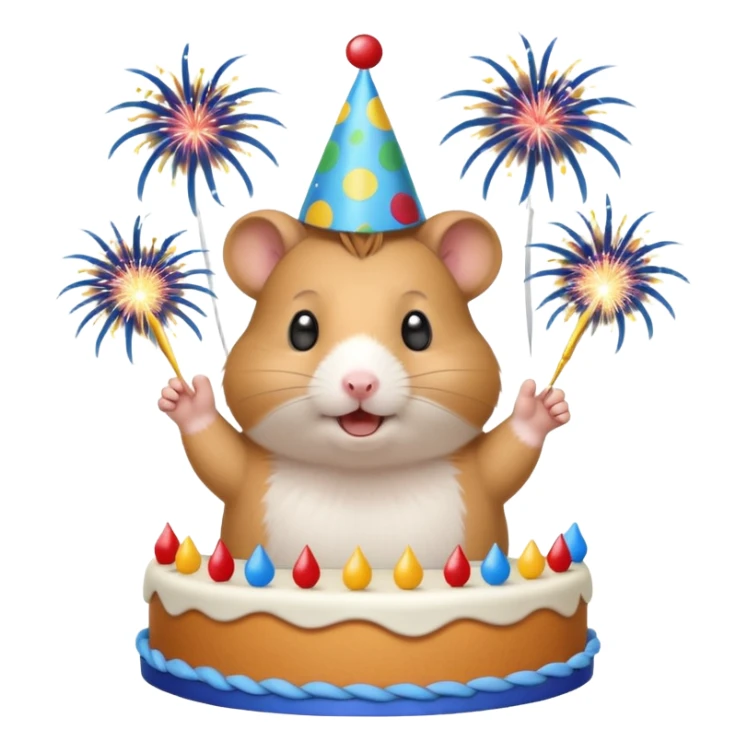 A hamster celebrating a birthday by throwing fireworks in front of a cake. sticker