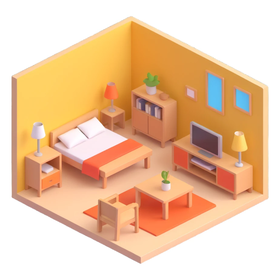 planned furniture, isometric view, colorful sticker