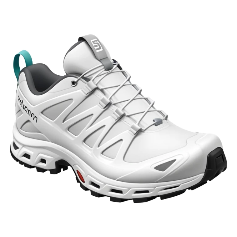 Bare minimum stylized white Salomon XT-6 sneakers in pure iOS emoji style, extremely clean lines, simplified shapes, one shoe behind the other, flat white design sticker