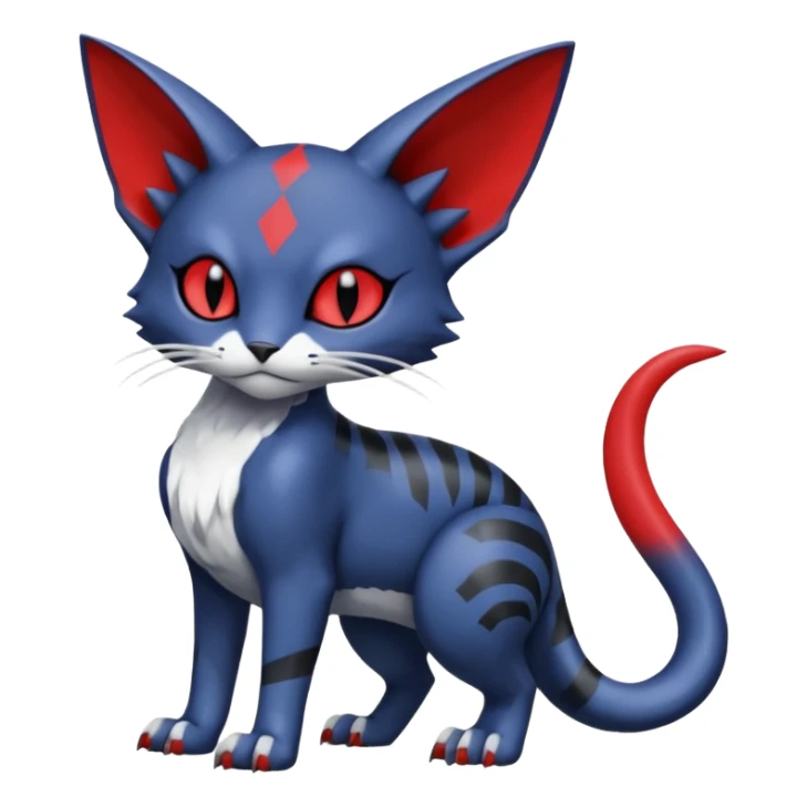 midnight blue-gray-black, with red markings, white belly, scaley Bastet-Noibat-Gatomon-Digimon-Fakémon-Pokémon-creature (full body) sticker