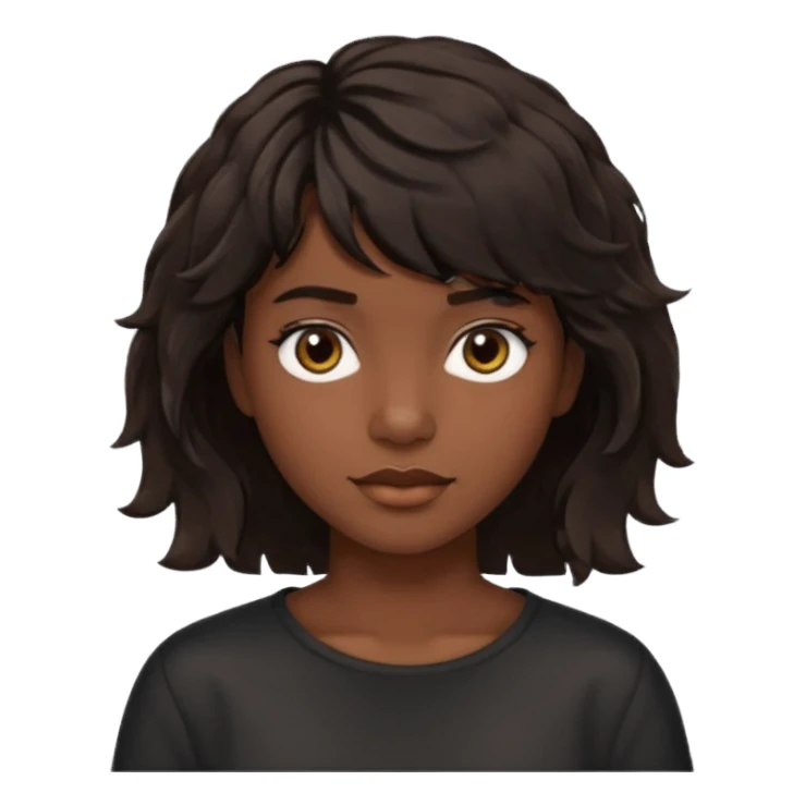 À emoji that don’t smile Dark brown thick hair, medium-length textured top with loose natural waves, short tapered sides, soft messy fringe, natural volume sticker
