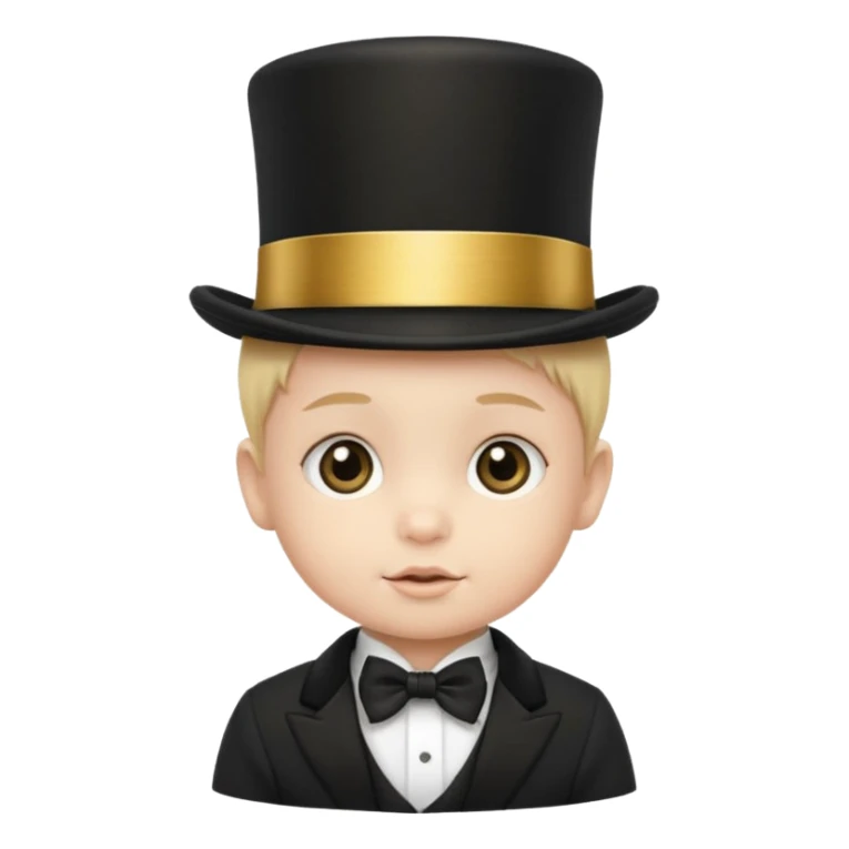 a baby in a black top hat with a gold stripe sticker