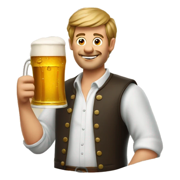 German man holding big glass of beer and a bretzel sticker