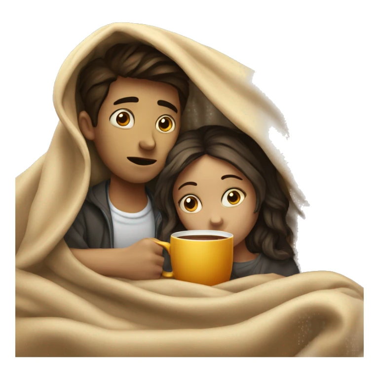 tired Boy and girl  inside a blanket sipping coffee eyes opened sticker