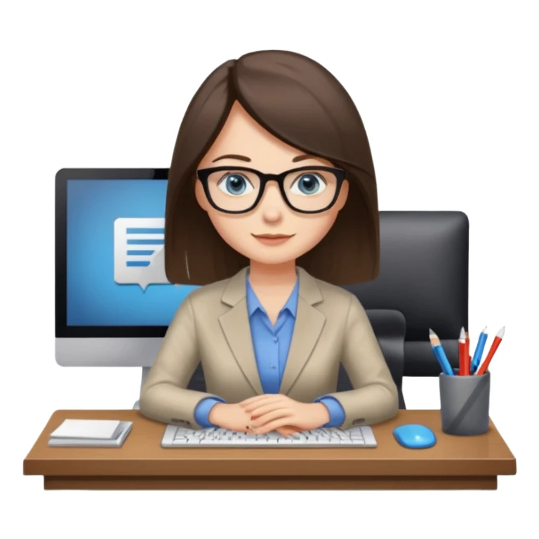 donna occhi azzurri con occhiali, capelli media lunghezza lisci, davanti al pc alla sua scrivania. è una grafica editoriale e redattrice sticker