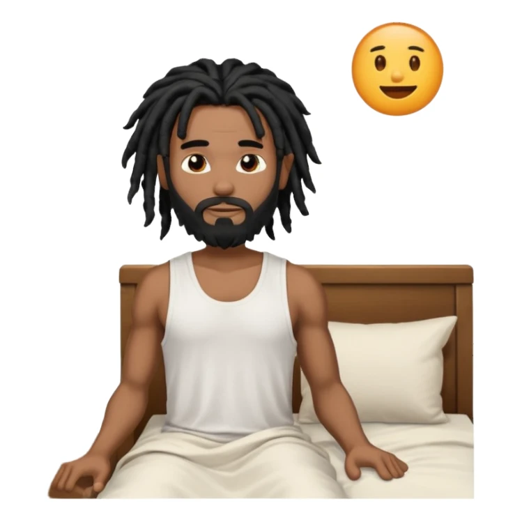 African American man with shoulder length black dreadlocks with black beard wearing a men's white tank top shirt waking up in the bed sticker