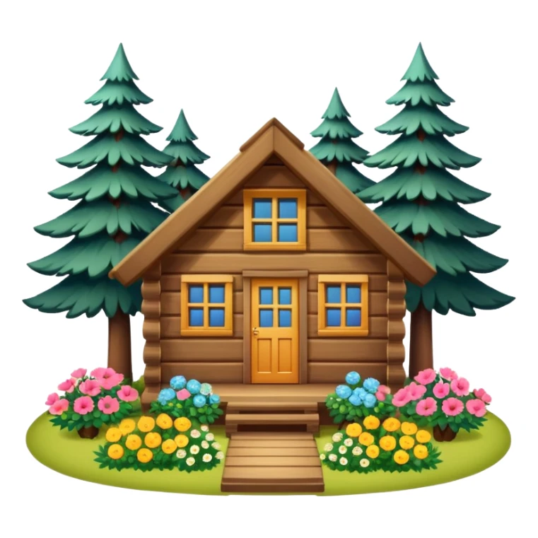 small cabin in the woods, surrounded by pines, with flowers around sticker