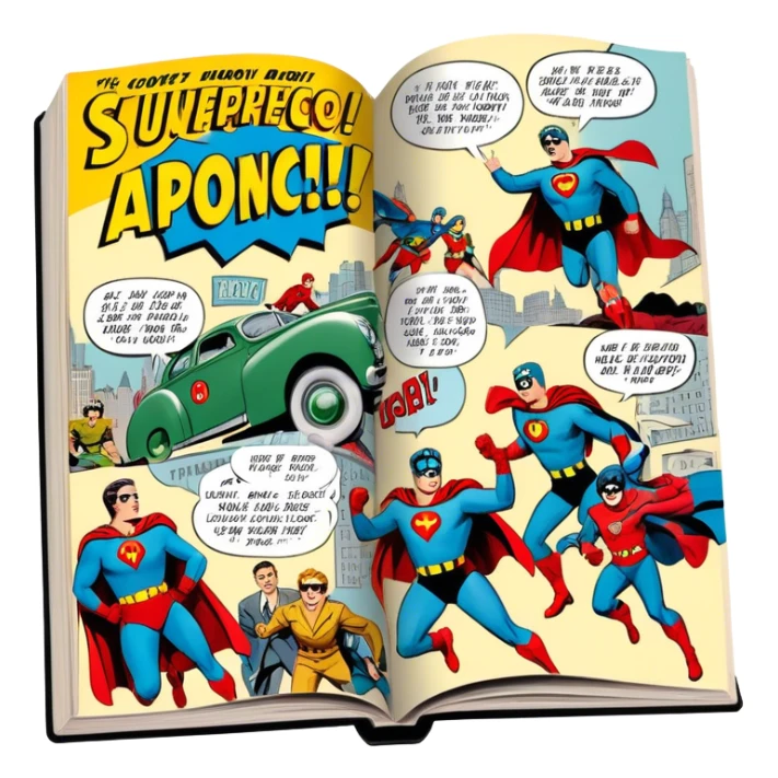 Icon for Vintage American Comics: an open comic magazine with classic 1940s-1950s American comic art, featuring superheroes in bold, bright colors, with action panels and exaggerated speech bubbles. The icon should represent the nostalgic style of vintage comics. Transparent background. sticker