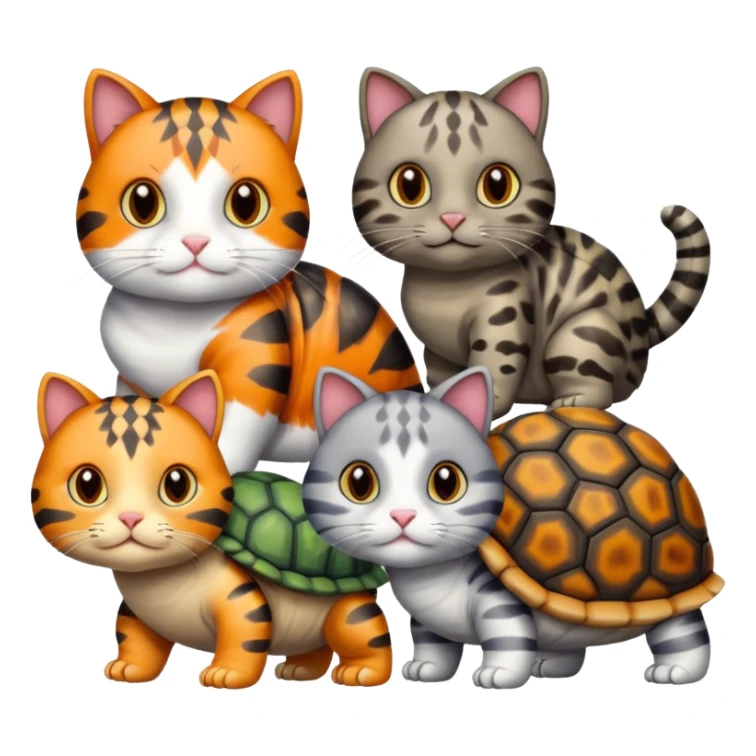 Four cats including one white, one gray, one multicolored striped, one tortoise shell colored sticker