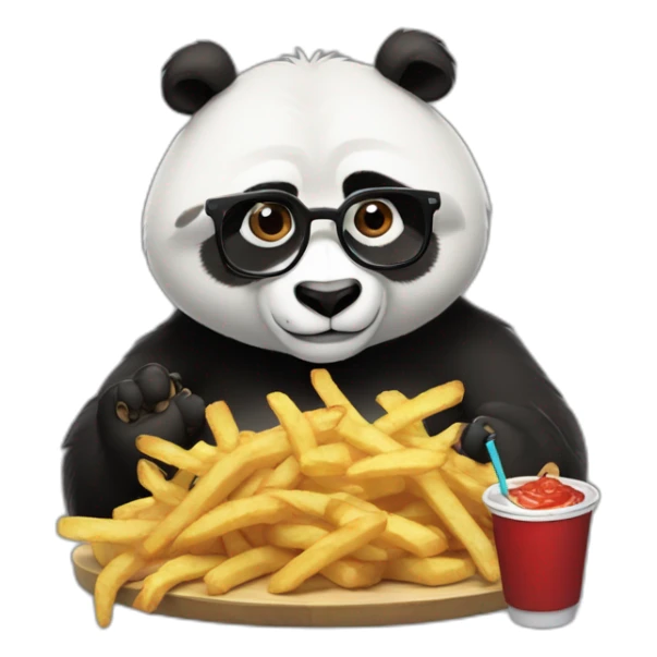 Kung Fu Panda with glasses working seriously on macbook and having fries and coke sticker