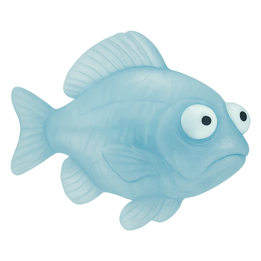 Make the fish's body even more transparent so you can clearly see through it. The fish should be facing directly to the side (90 degrees from the camera), no tag, semi-transparent blue plastic, eyes derpy and going in opposite directions. No background. Hyper-detailed, soft plastic 90's toy look, soft reflections, soft and squishy, some cloudiness, not shiny, highly detailed, appealing. Render in a style that looks like a soft, semi-transparent blue plastic toy from the 90's with soft reflections and a squishy, cloudy texture, not shiny. sticker