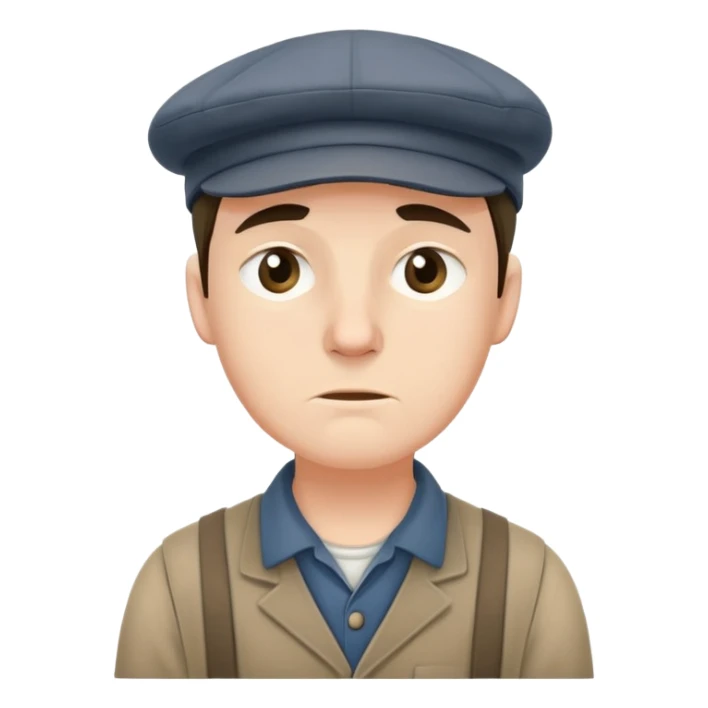 19th century English factory worker with flat cap, work clothes, and tired expression sticker